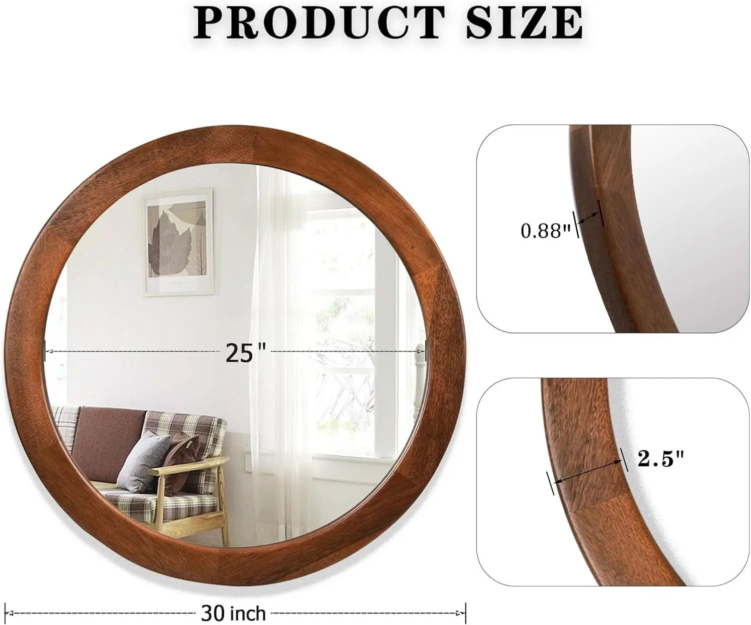 30 Inch Walnut Round Wall Mirror Rustic Style from PriceLows™