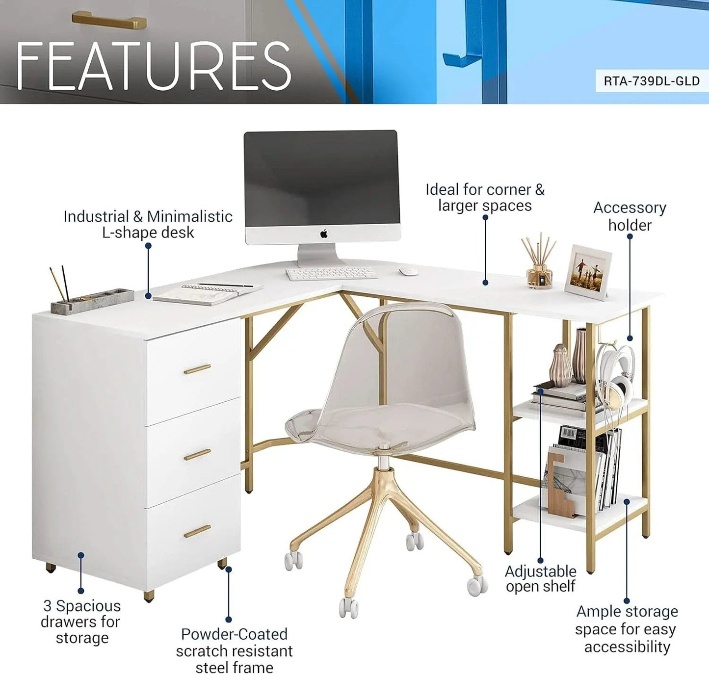 L Shaped Corner Desk Two Tone With Drawers And Shelves For Home Office from PriceLows™
