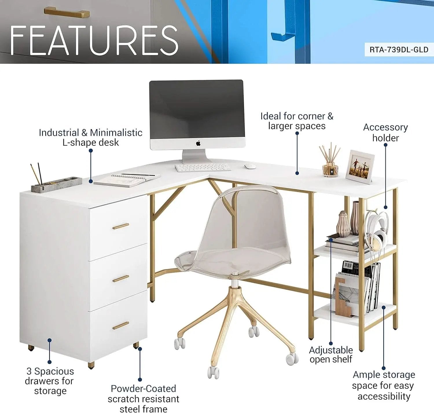 L Shaped Corner Desk Two Tone With Drawers And Shelves For Home Office from PriceLows™