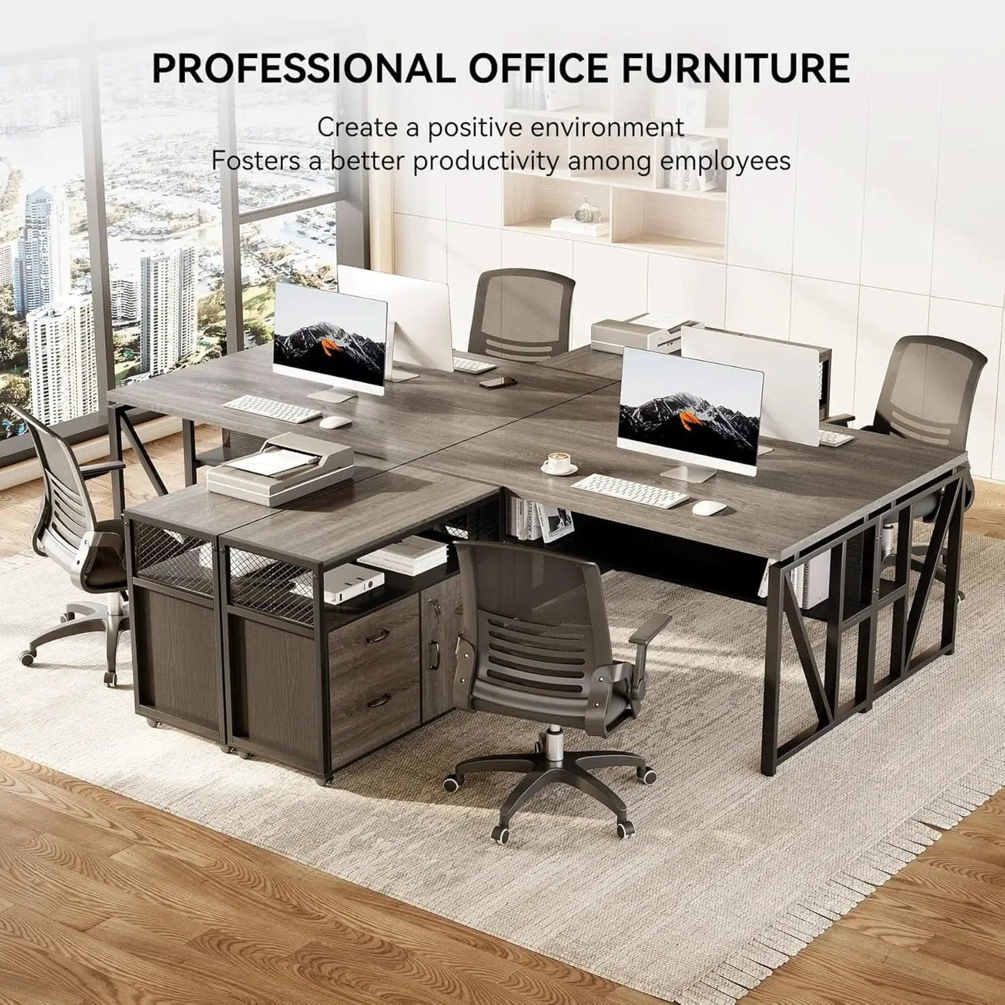 55 Inch L Shaped Office Desk With Grey Filing Cabinet Set from PriceLows™