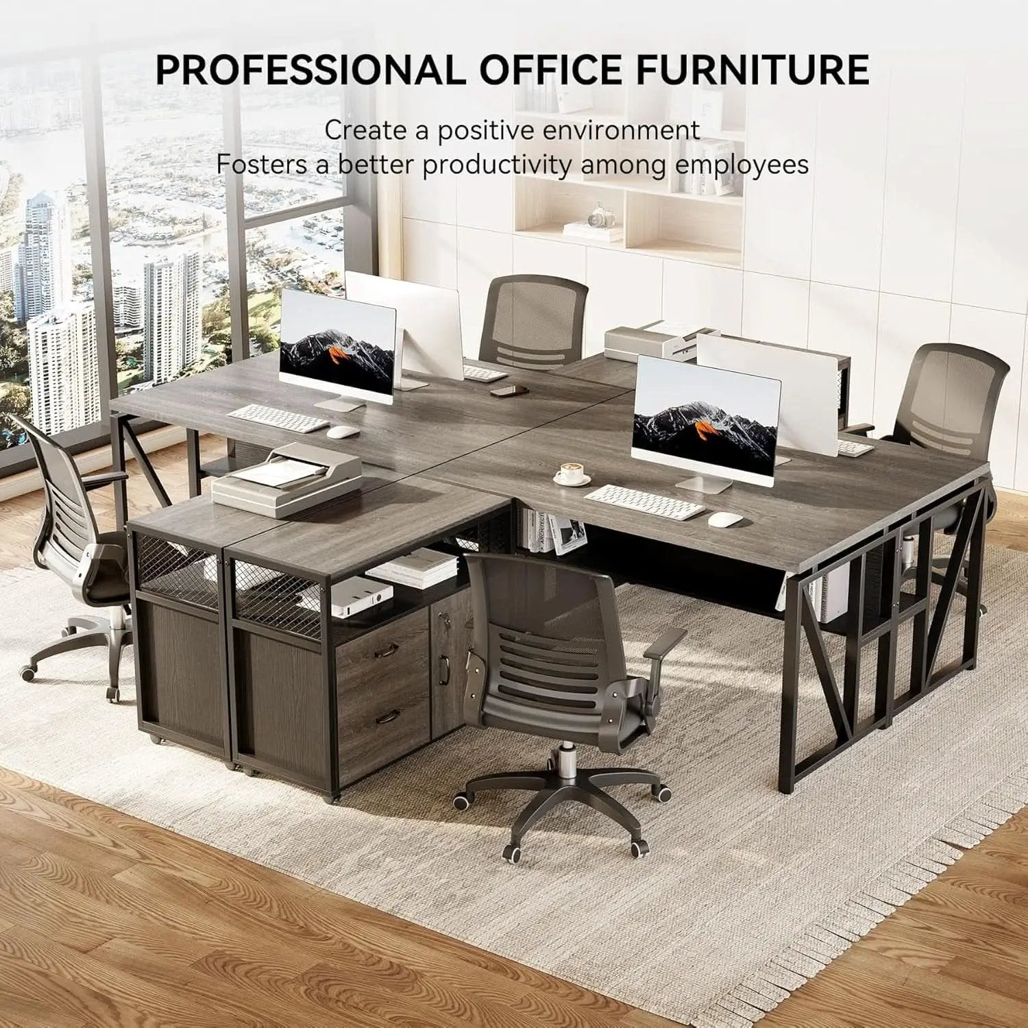 55 Inch L Shaped Office Desk With Grey Filing Cabinet Set from PriceLows™