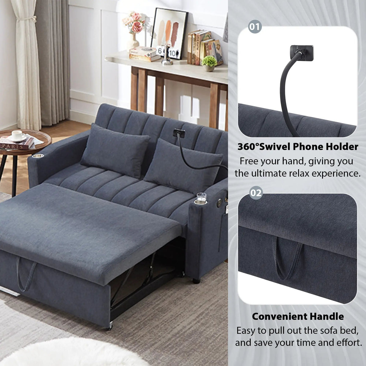 Convertible Sofa Bed | Adjustable Backrest | USB Charging Ports