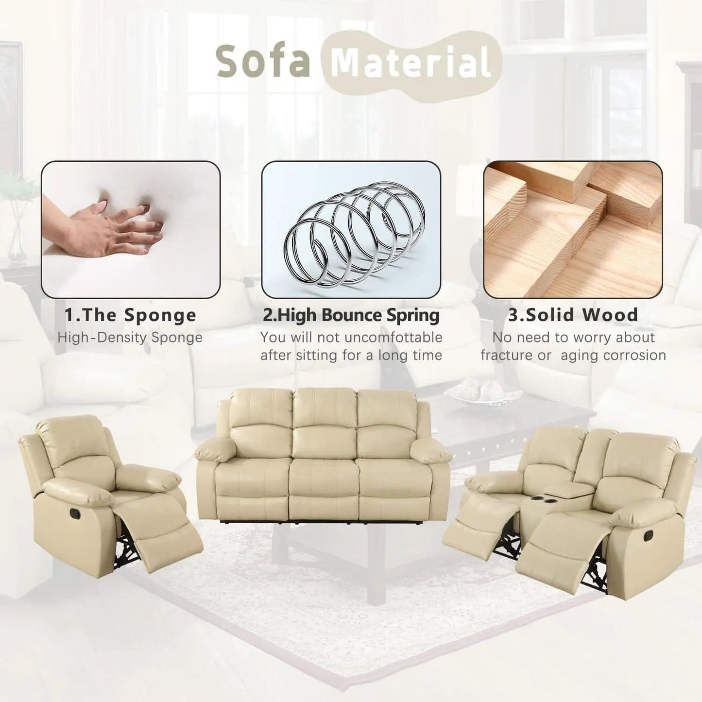 Beige Leather Recliner Sofa Set With Storage And Cup Holder from PriceLows™