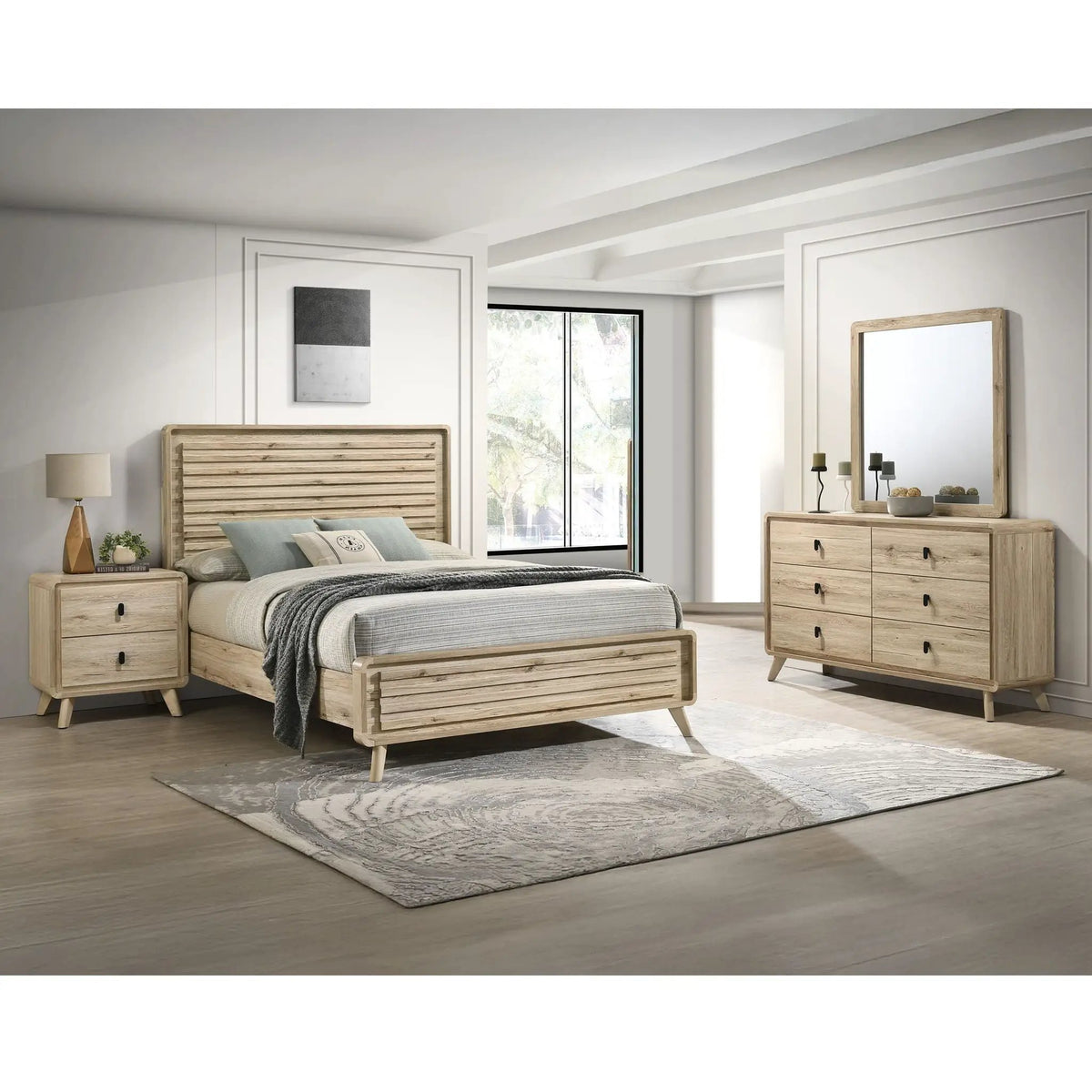 Beige 6 Drawer Dresser | Mid-Century Style | Curved Edges | Wood-Inspired Finish