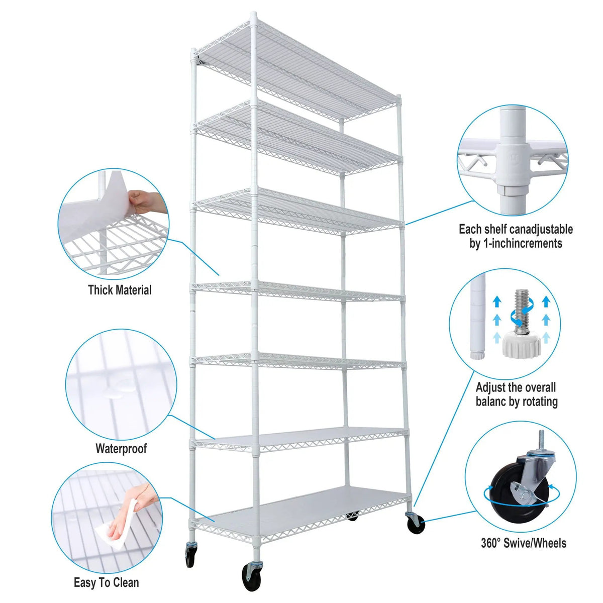 7 Tier Wire Shelving Unit | 2450 Lb Capacity | Adjustable 1 Inch Increments | Wheels Included