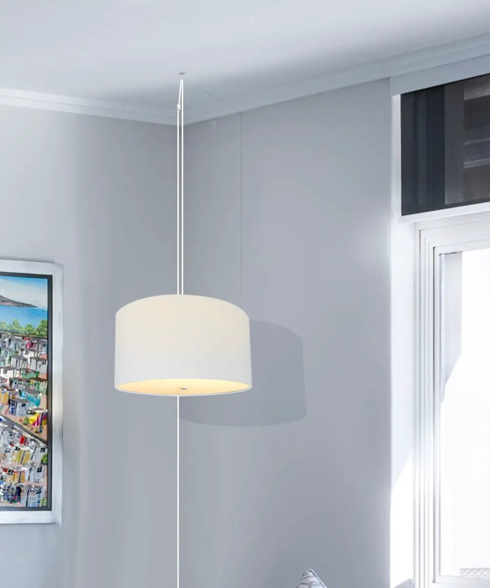 Two Light Swag Pendant | 16 Inch Width | White Linen Drum | Plug In