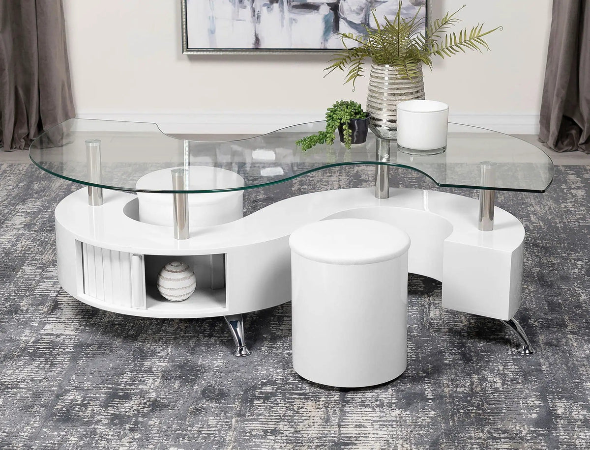 Buckley 3-piece Coffee Table and Stools Set White High Gloss | 3-Piece Set | Engineered Wood & Faux Leather | Living Room