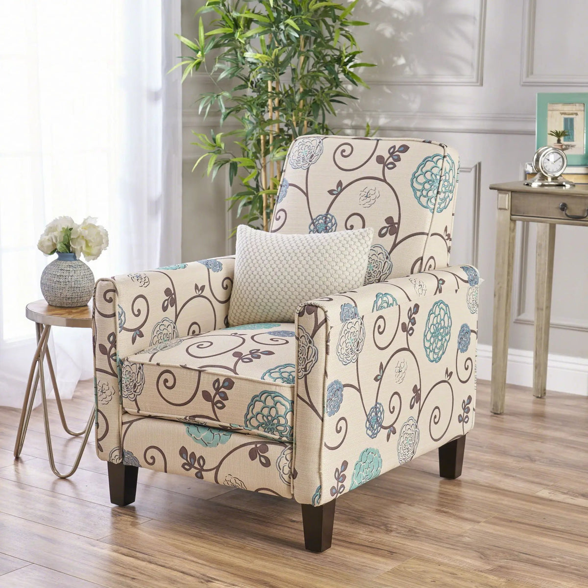 Push Back Upholstered Recliner Armchair | Extendable Footrest | Beech Wood Legs | 3 Reclining Positions