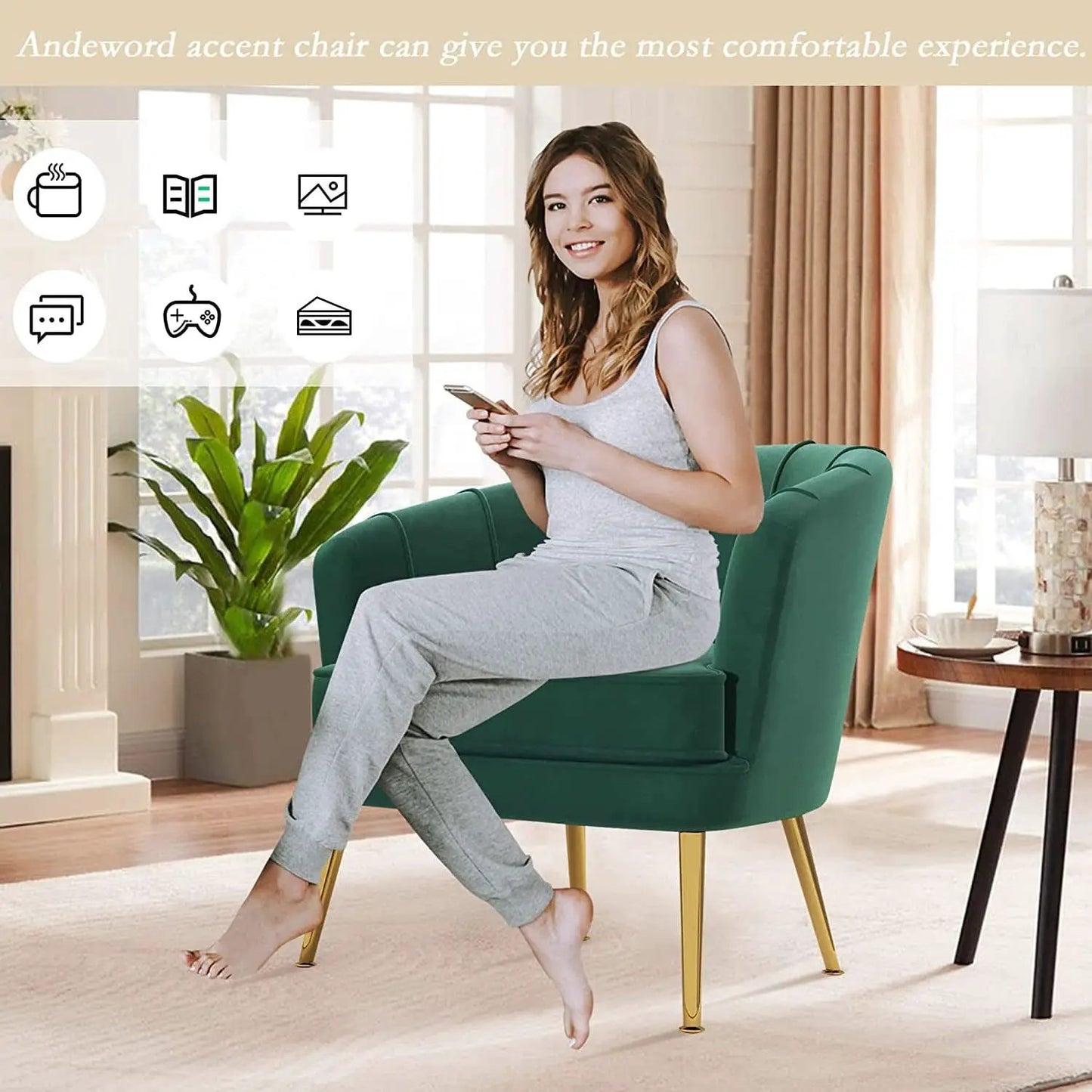 Green Velvet Accent Chair With Gold Legs For Living Room from PriceLows™