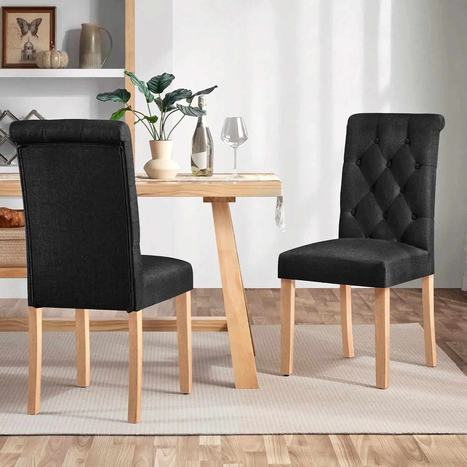 Tufted Upholstered Dining Chair Pair With Solid Wood Legs Black from PriceLows™
