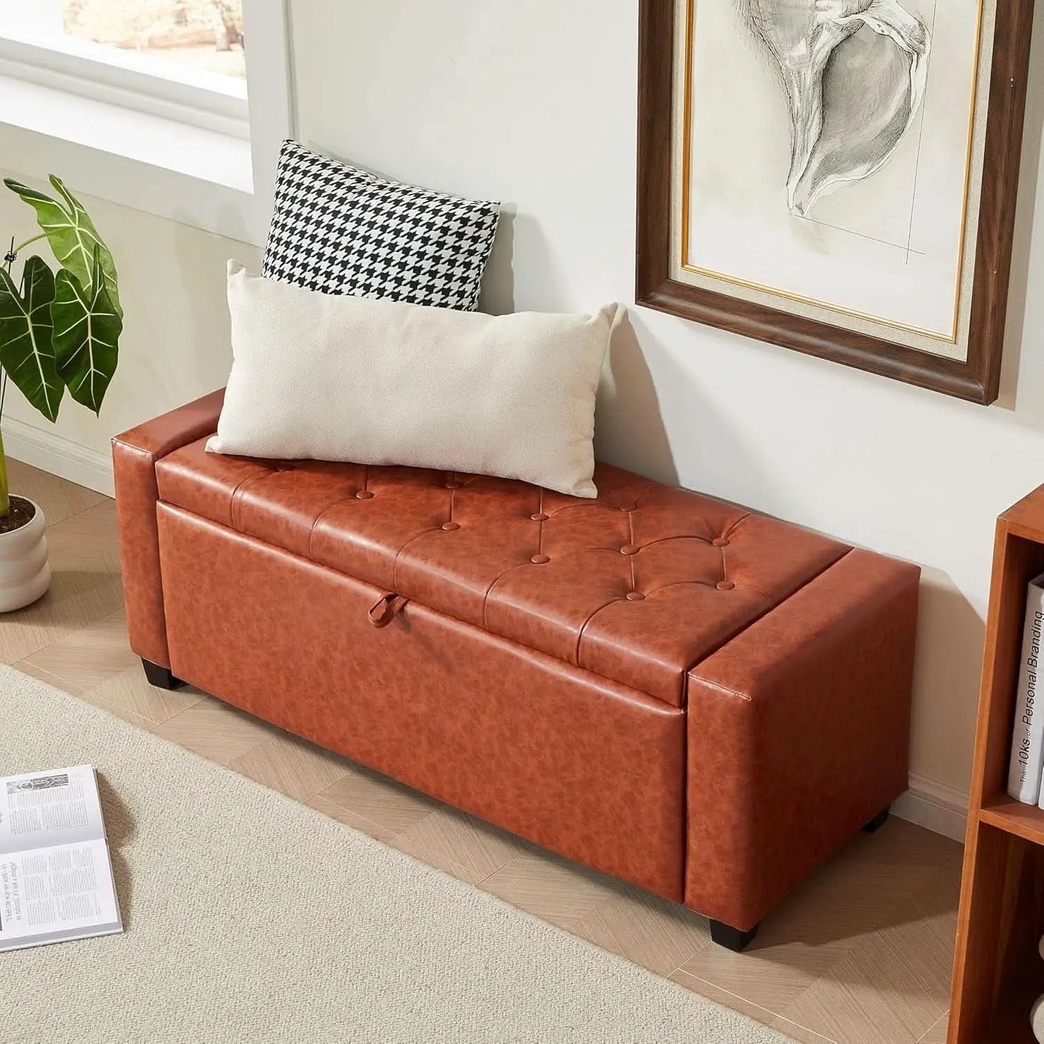 Storage Ottoman Tufted Leather Reddish Brown Bench from PriceLows™