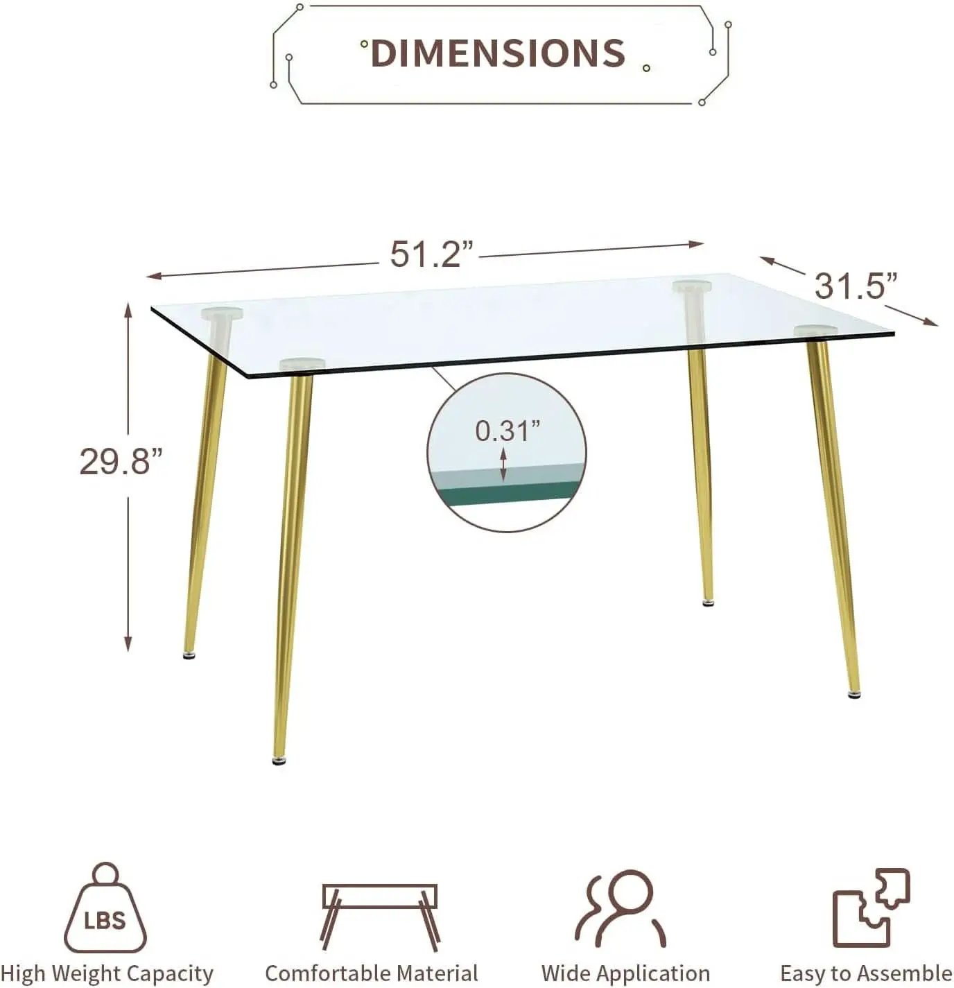 Glass Dining Table For 4 51 Inch Tempered Glass Gold Legs from PriceLows™