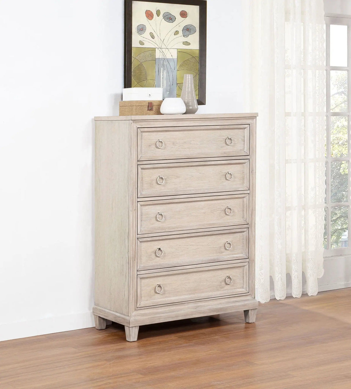 Pembroke 5-drawer Chest of Drawers Washed | 36.5 x 18.25 x 52 in | Wood | Oak