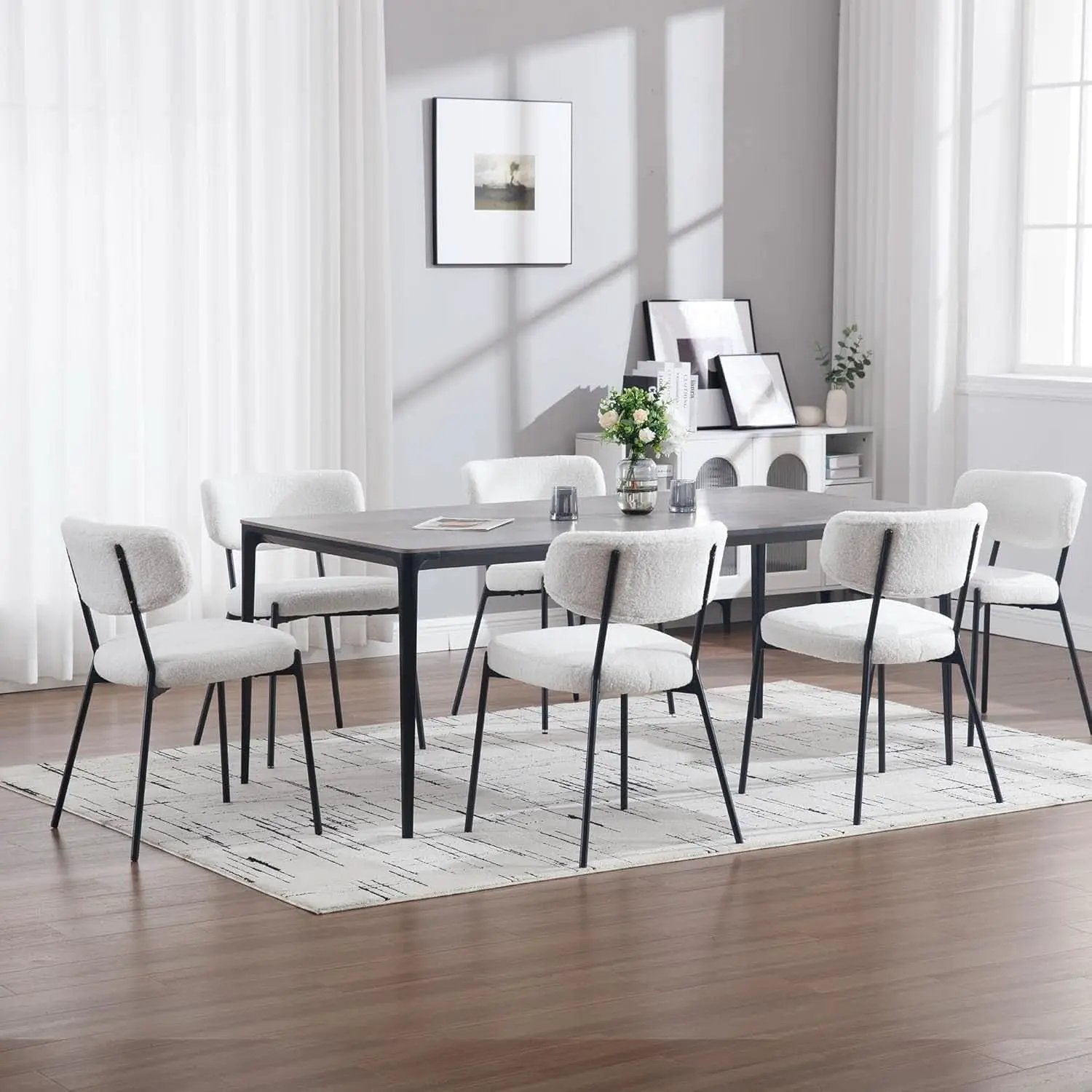 White Boucle Upholstered Dining Chairs Curved Back from PriceLows™