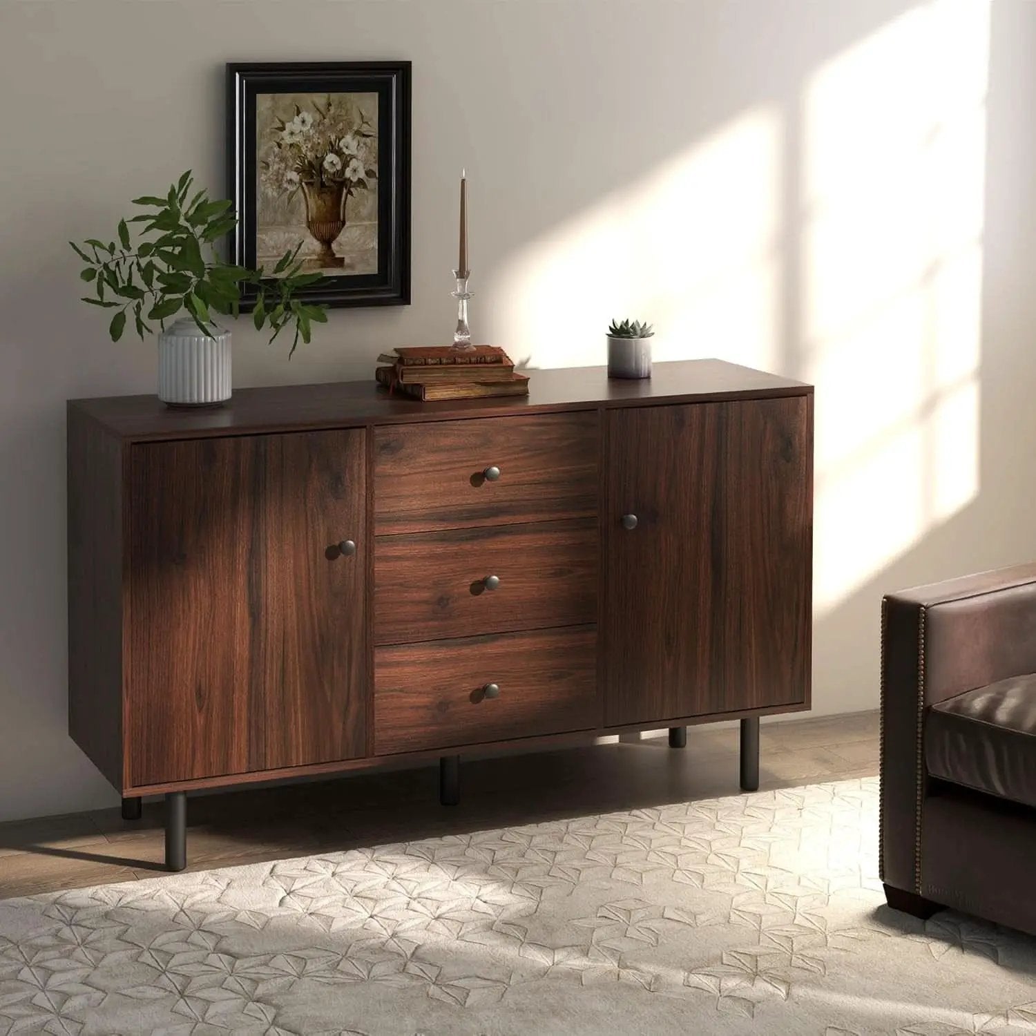 Rustic Brown Sideboard Buffet Cabinet With Three Drawers from PriceLows™