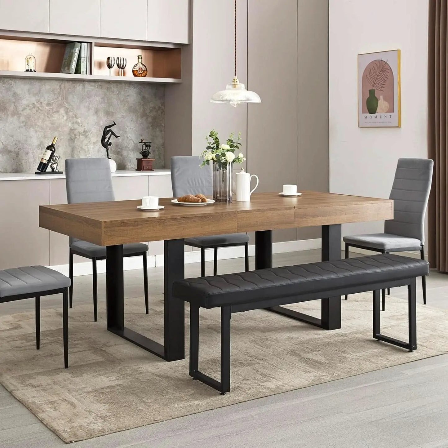 63 Inch Extendable Dining Table Walnut Brown Dining Room from PriceLows™