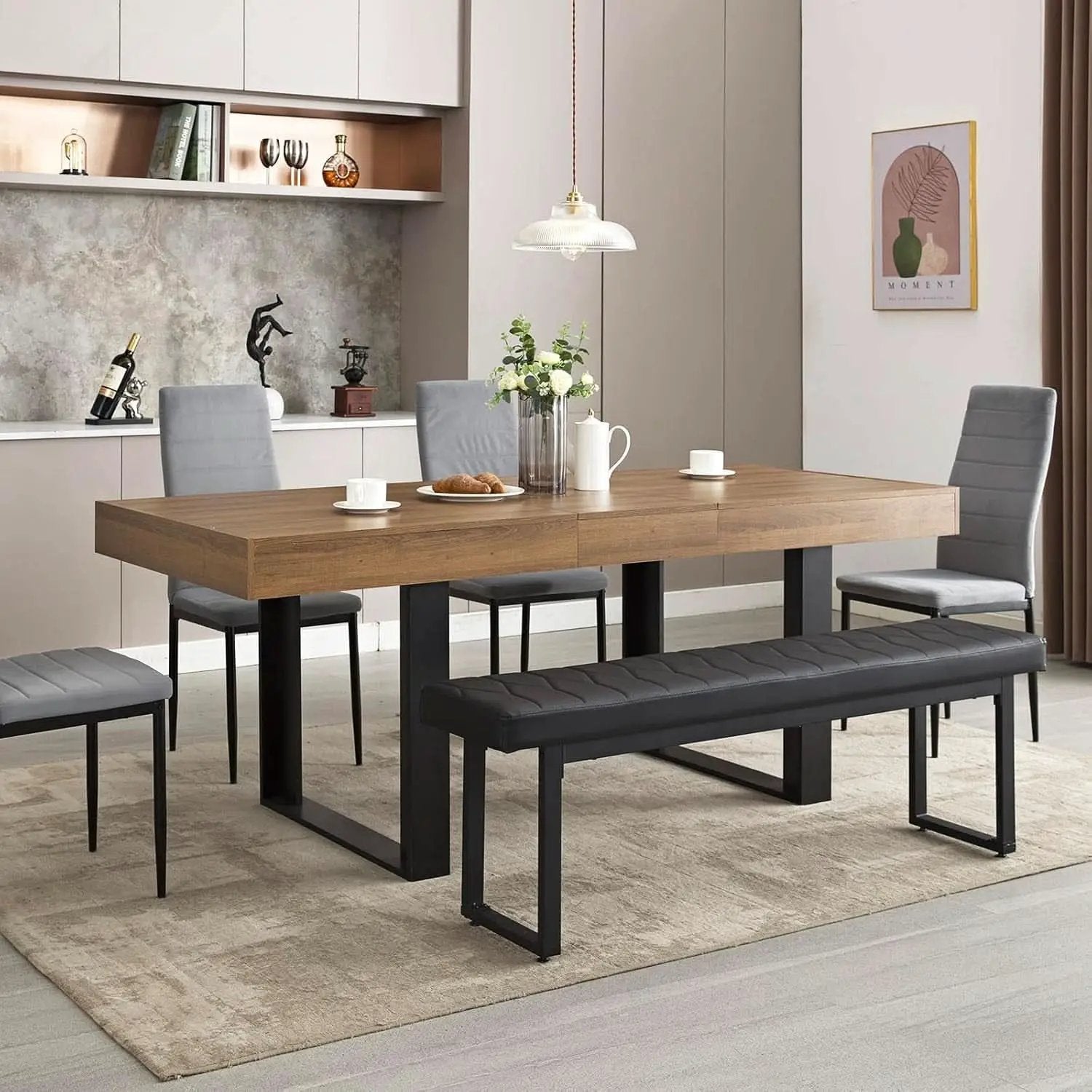 63 Inch Extendable Dining Table Walnut Brown Dining Room from PriceLows™