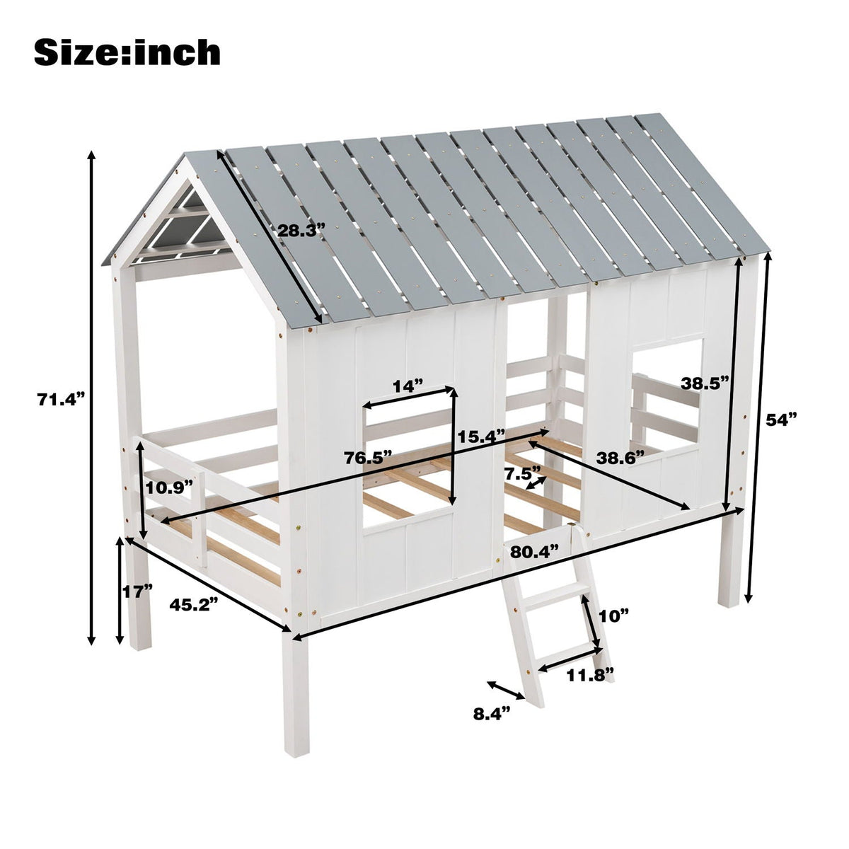 Twin Size Low Loft Bed | Pine Wood Frame | Roof With Two Windows | White