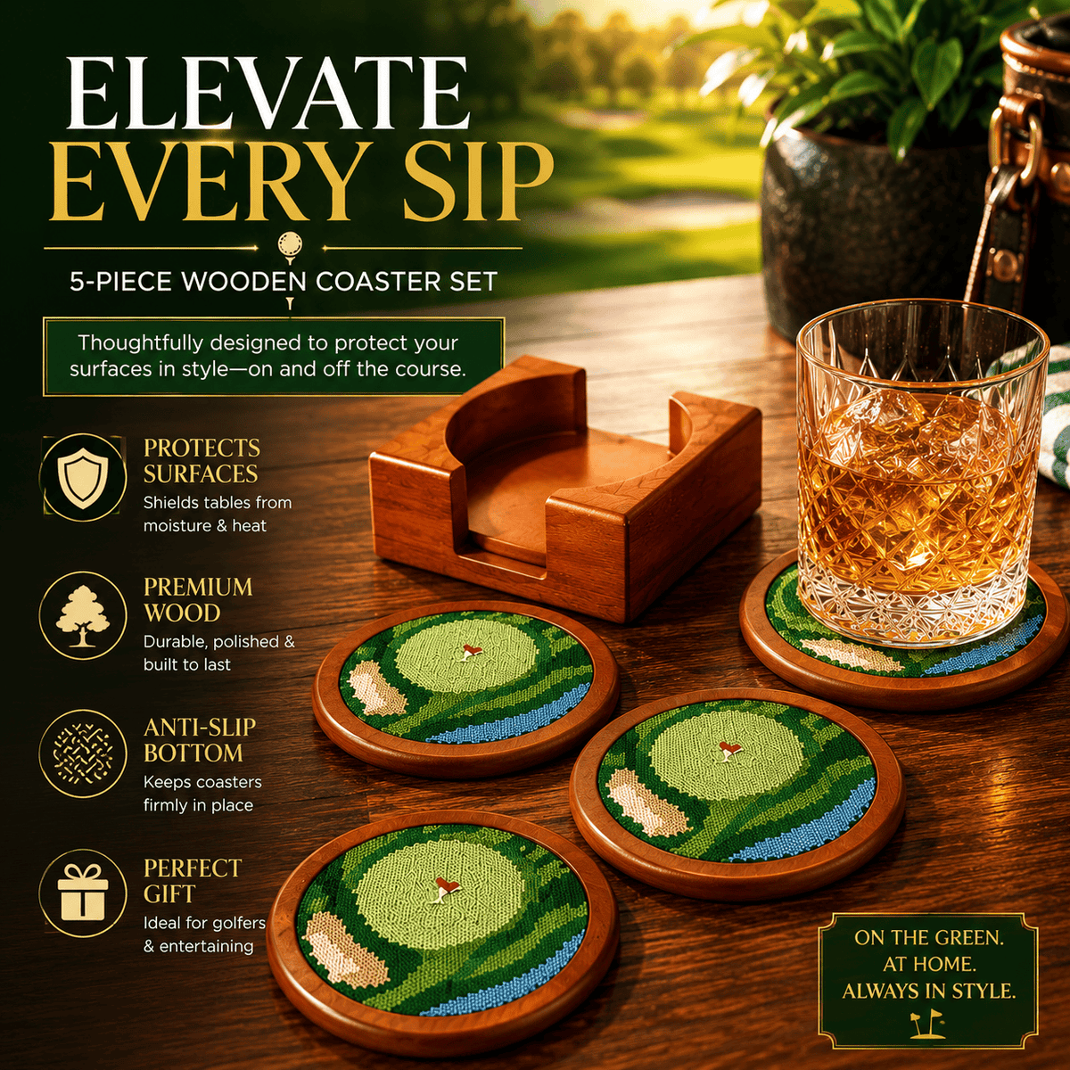 Golf Coasters, Durable Wooden Drink Coasters with Holder | Home Decor | Gift Ready