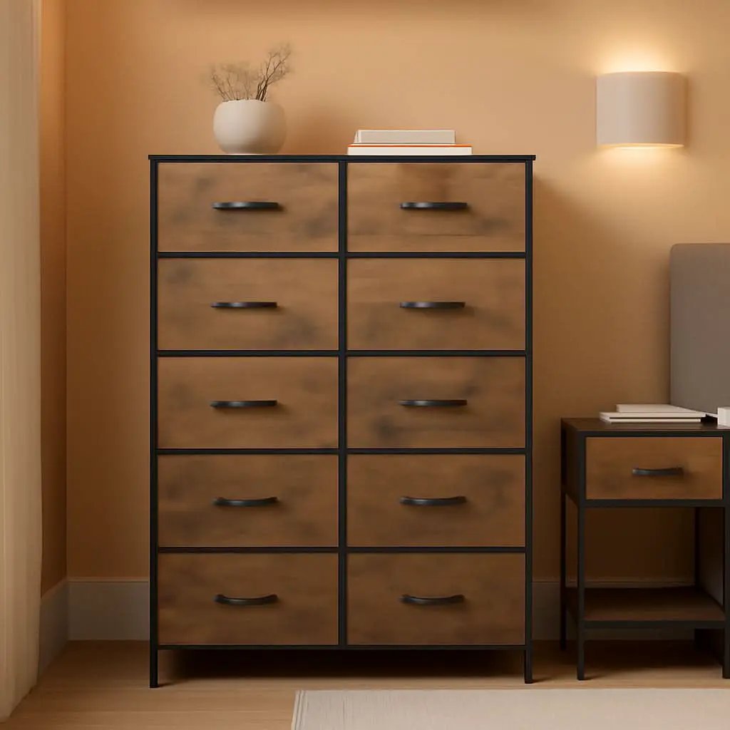Tall Dresser With 10 Fabric Drawers Brown Woodgrain from PriceLows™