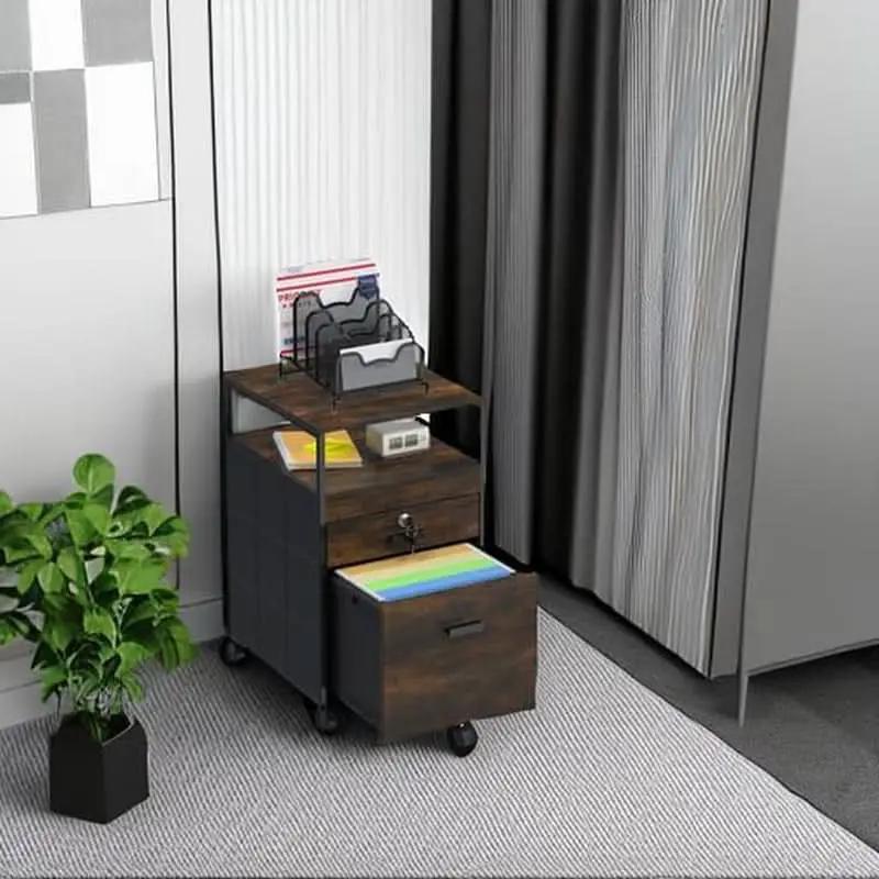 Rolling Mobile File Cabinet Drawers Open Shelf Rustic Brown from PriceLows™