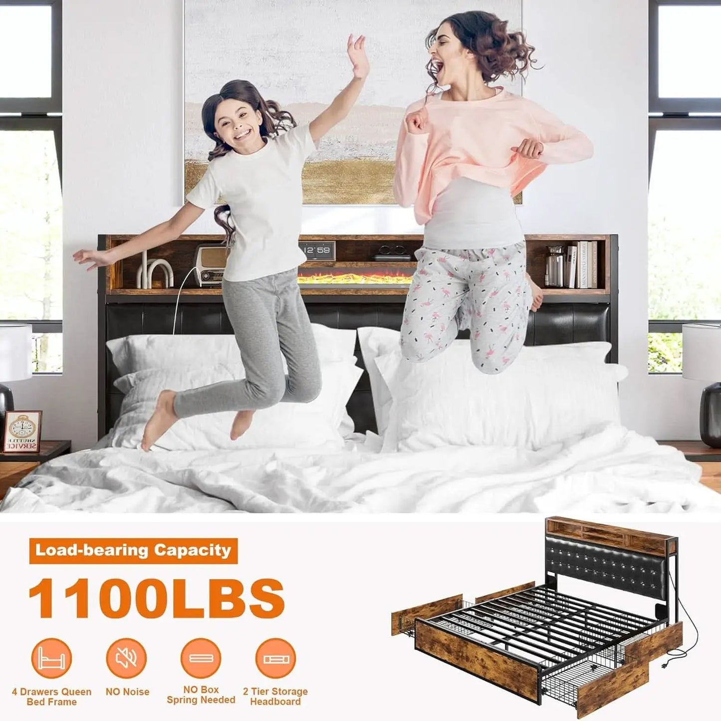 Queen Bed Frame With 4 Storage Drawers And Charging Station from PriceLows™