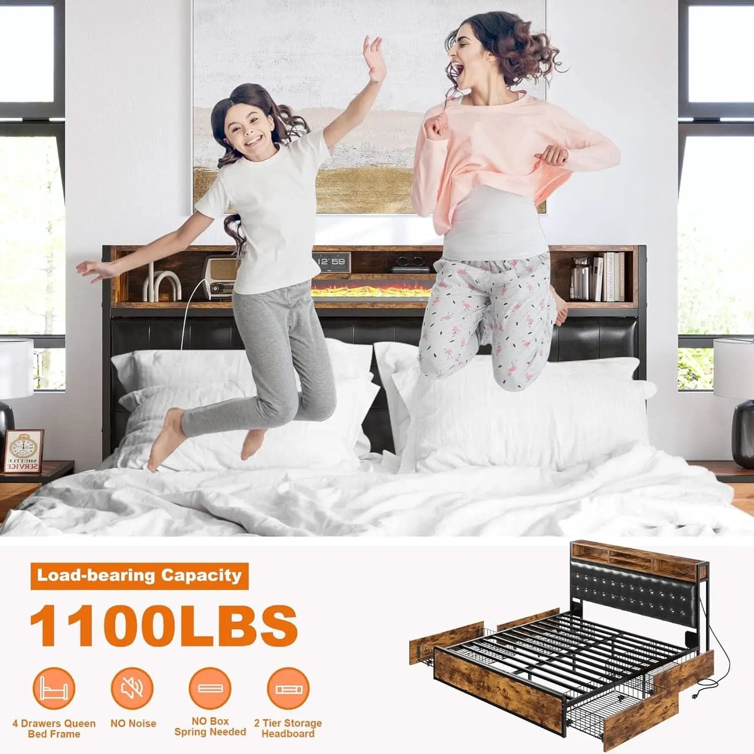 Queen Bed Frame With 4 Storage Drawers And Charging Station from PriceLows™