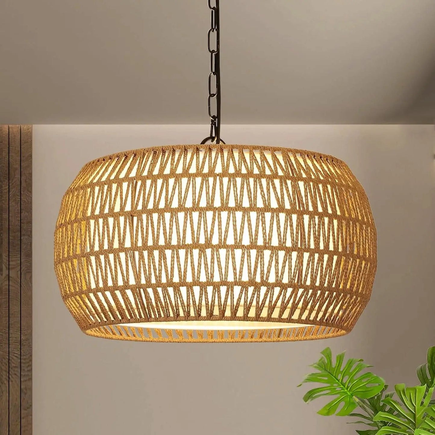 Rattan Farmhouse 5 Light Chandelier With Fabric Shade from PriceLows™