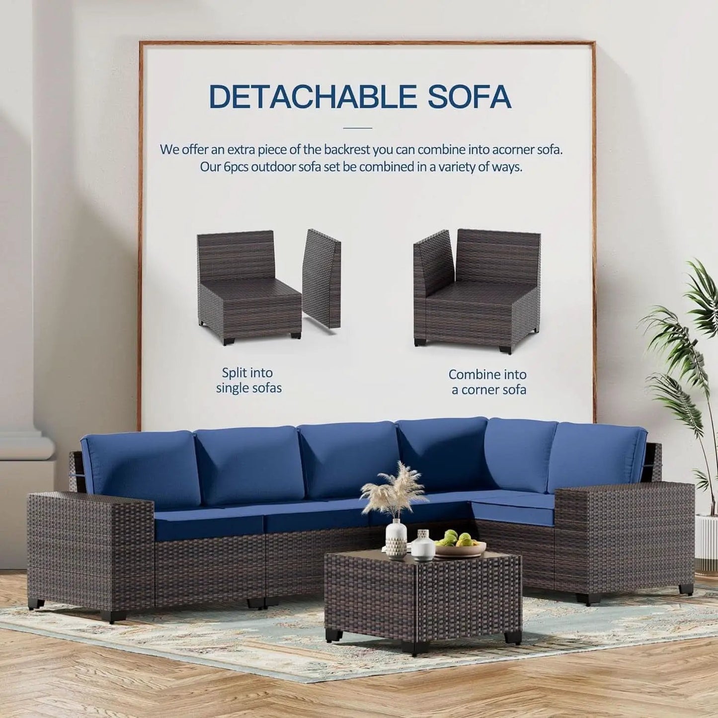 Navy Blue 6 Piece Outdoor Patio Sectional Sofa Set With PE Rattan