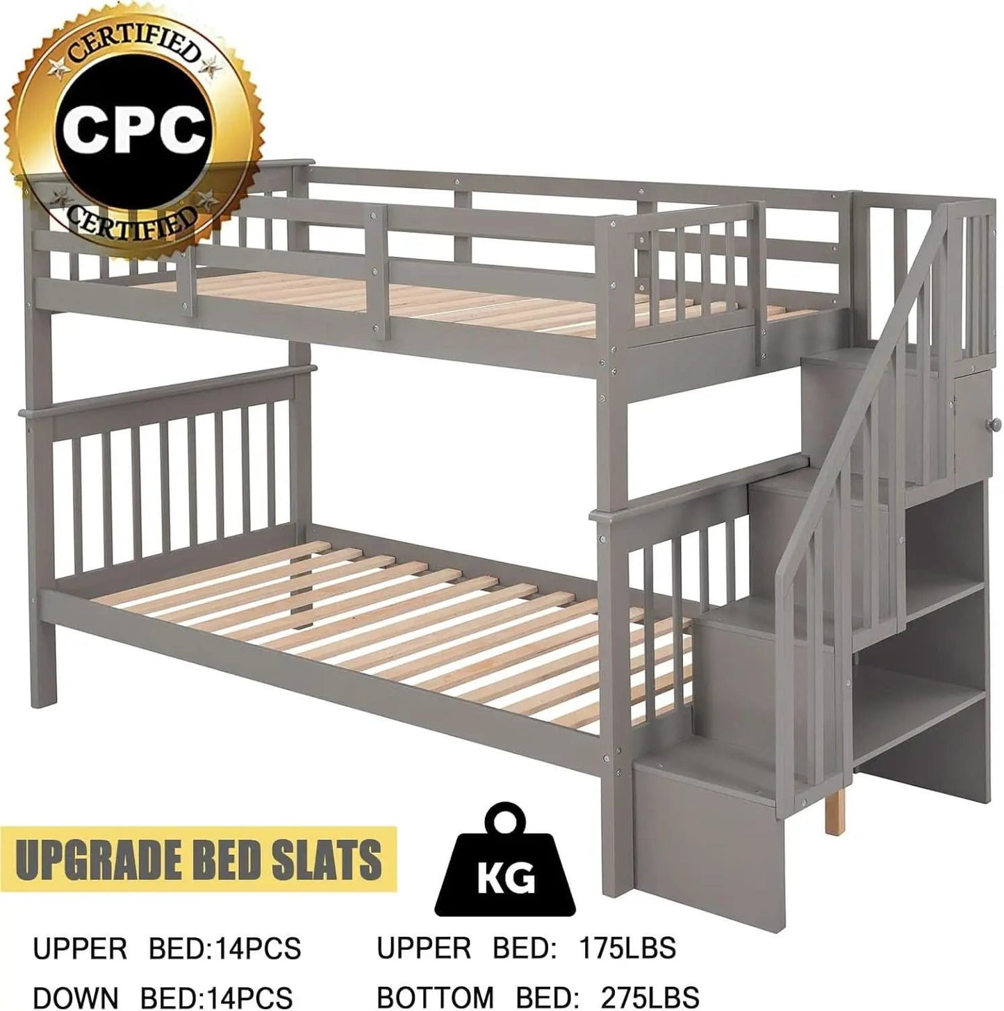 Twin Over Twin Bunk Beds With Stairs Grey For Kids Dorm from PriceLows™