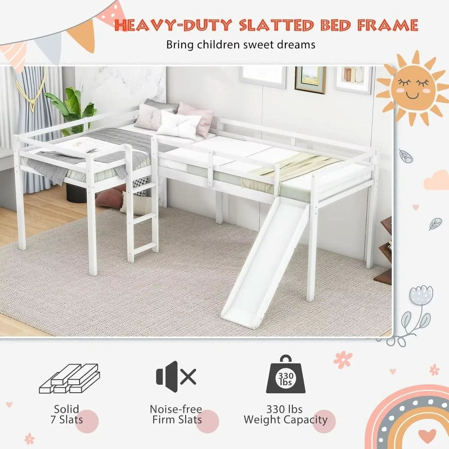 Wooden Twin Loft Bed With Slide And Ladder White For Kids Teens from PriceLows™
