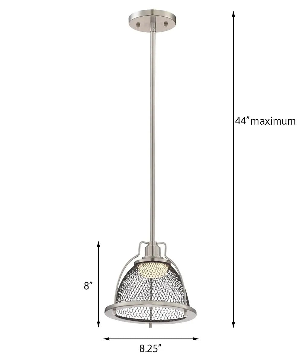 LED Pendant Light | 8 Inch Wide | Single Bulb | Brushed Nickel Black Mesh