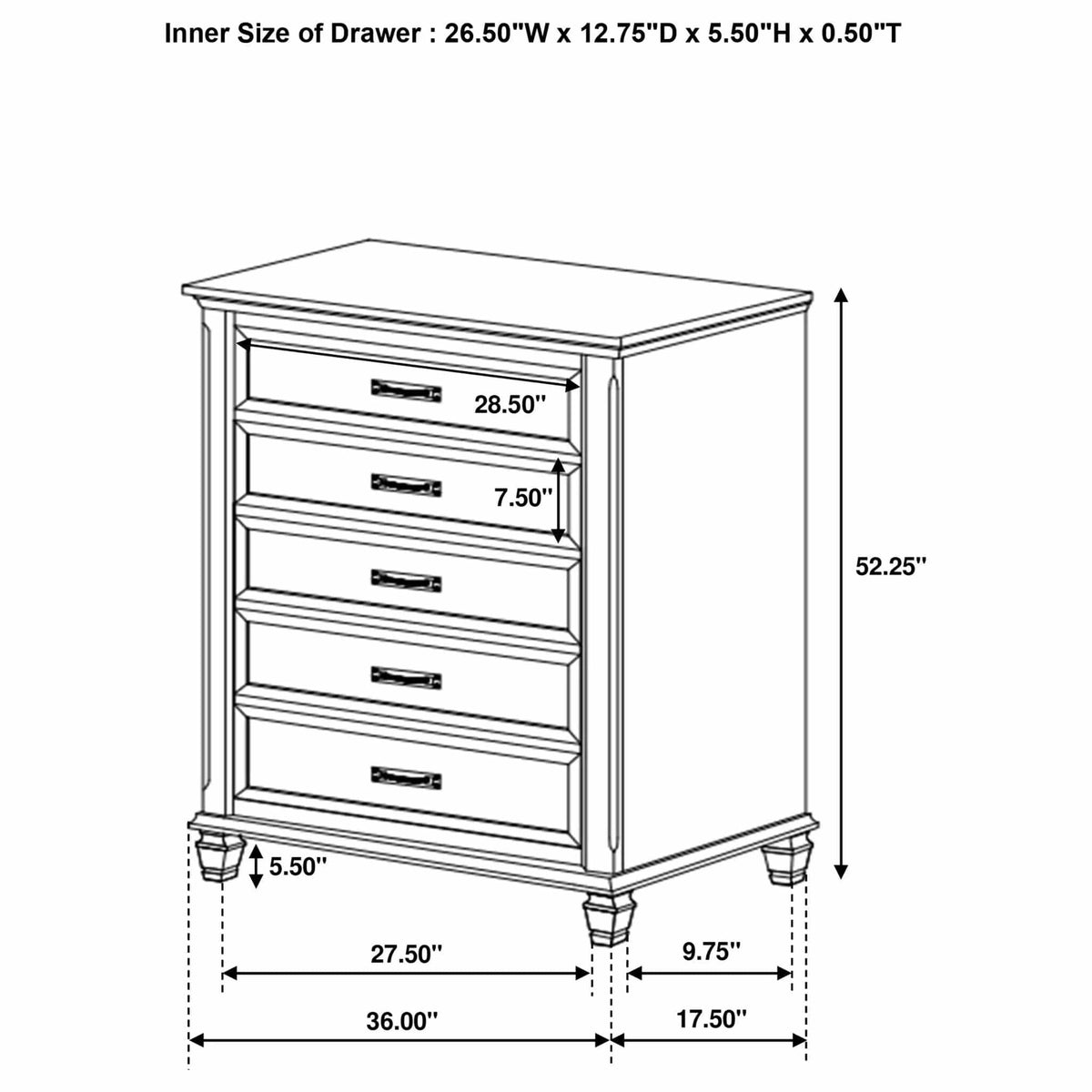 Franco 5-drawer Bedroom Chest Distressed | 36 x 17.5 x 52.25 in | 5-Drawer | White