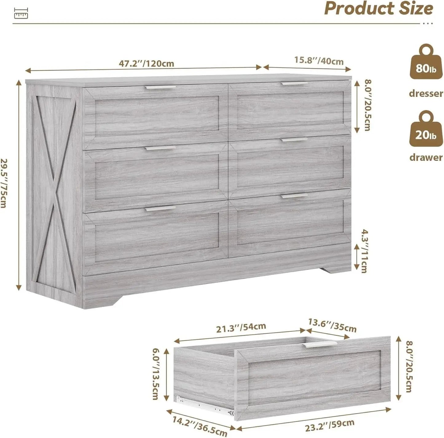 Wash Grey Six Drawer Contemporary Hardwood Dresser from PriceLows™