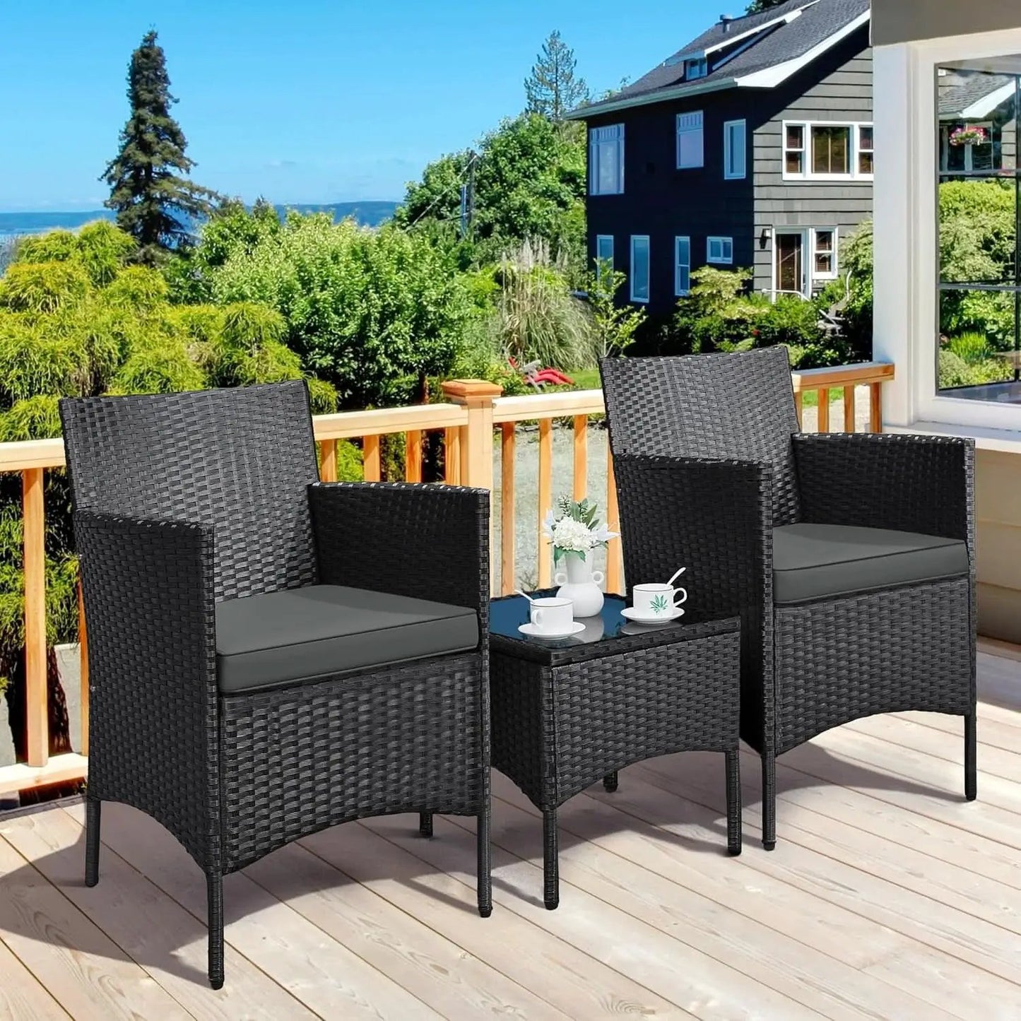 3 Piece Outdoor PE Rattan Wicker Patio Furniture Set With Soft Cushions And Glass Coffee Table from PriceLows™