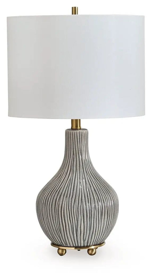 Judlen Ceramic Table Lamp | 13.88 x 13.88 x 25 in | Fabric & Metal | Gray / Gold Finish