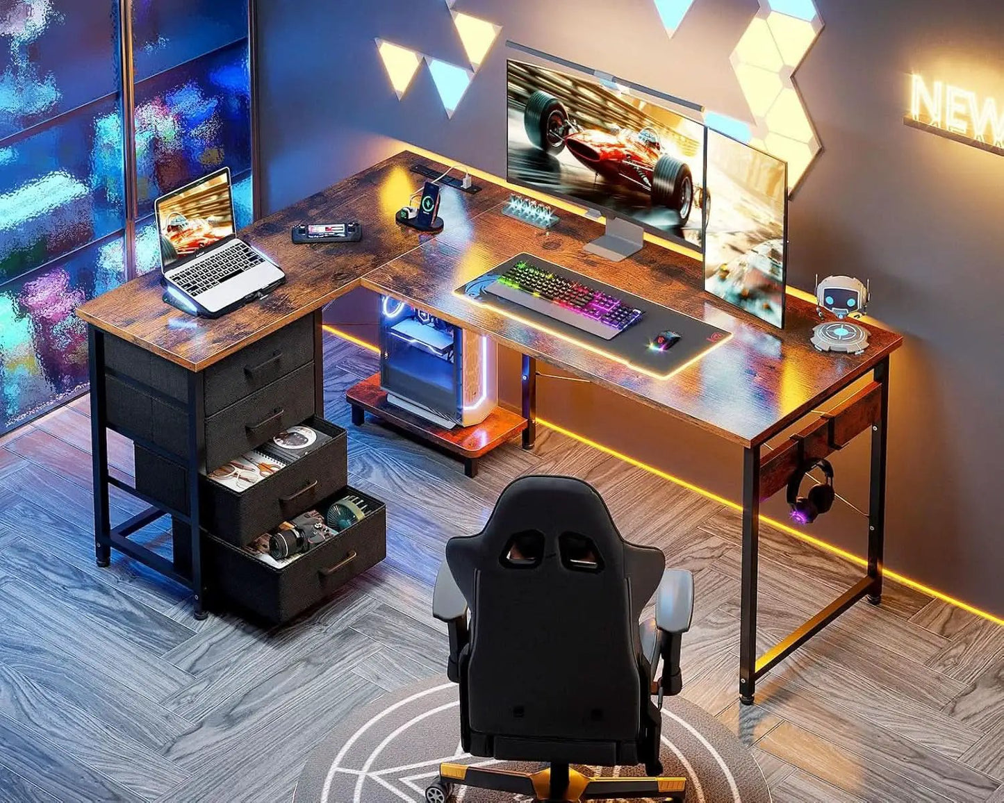 L Shaped Desk With USB Ports And 4 Drawers 53 Inch from PriceLows™