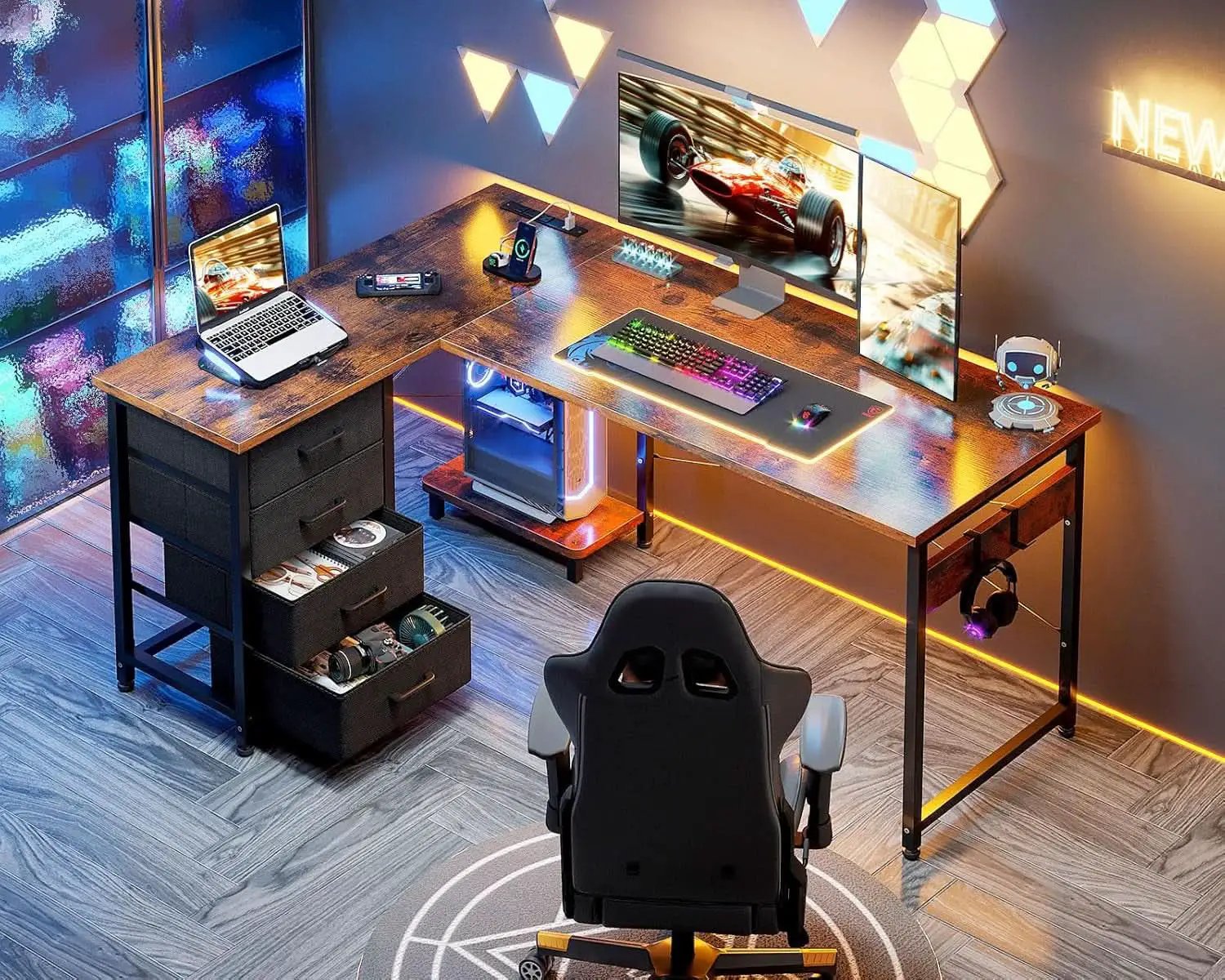 L Shaped Desk With USB Ports And 4 Drawers 53 Inch from PriceLows™
