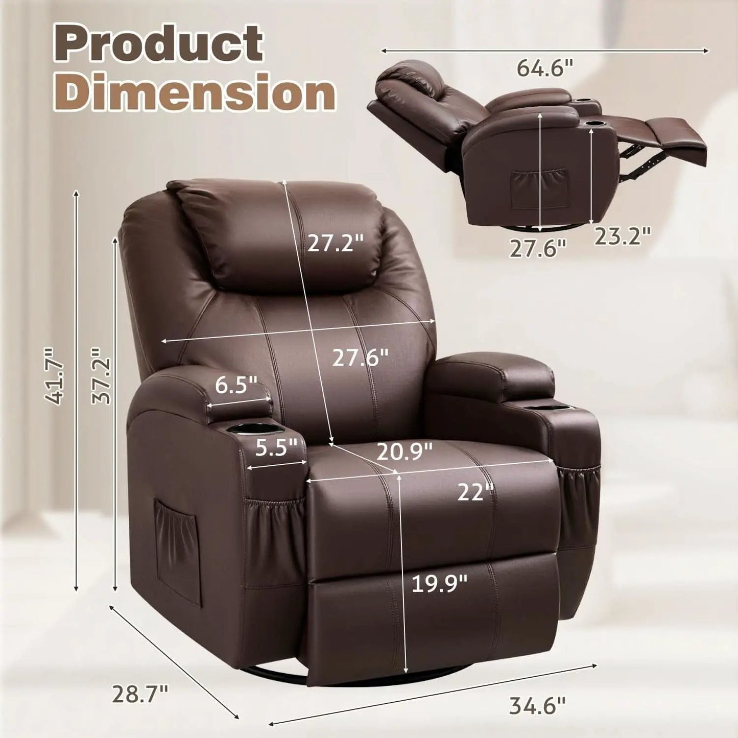 Dark Brown 360 Degree Swivel Recliner Chair With Massage from PriceLows™