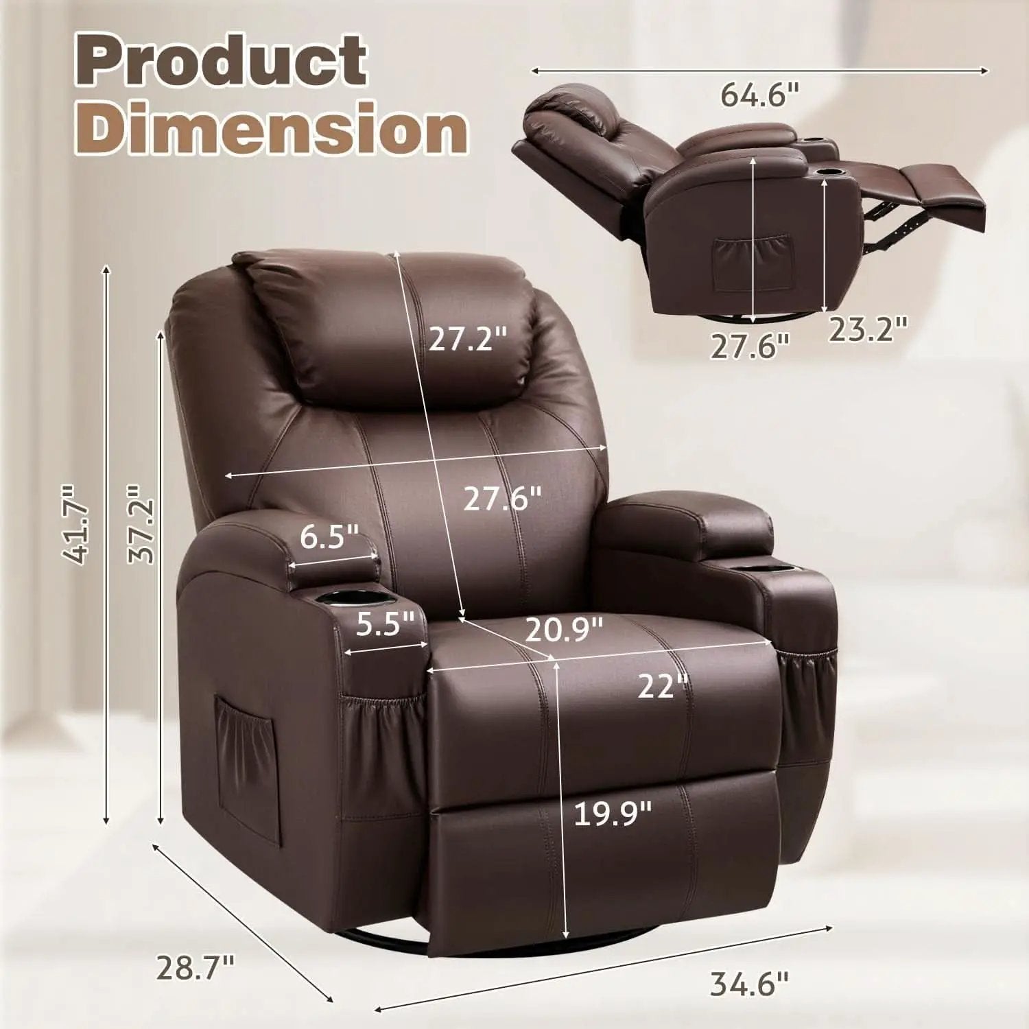 Dark Brown 360 Degree Swivel Recliner Chair With Massage from PriceLows™
