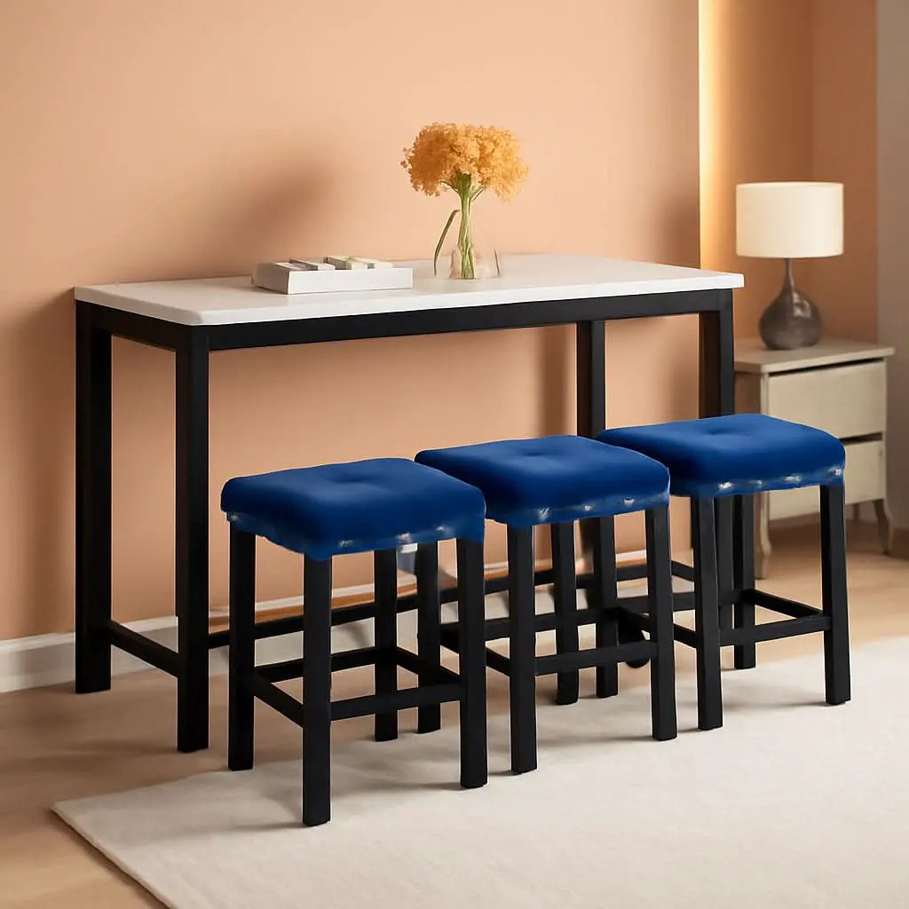 Blue Velvet Bar Table Set With 3 Stools Faux Marble Top from PriceLows™