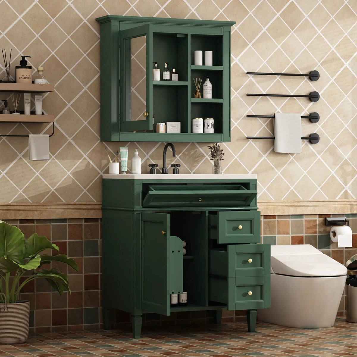 Bathroom Vanity With Top Sink, 2 Doors And 3 Drawers, Freestanding Set With Mirror | Vanity & Cabinet | Solid Wood & Ceramic | Bathroom