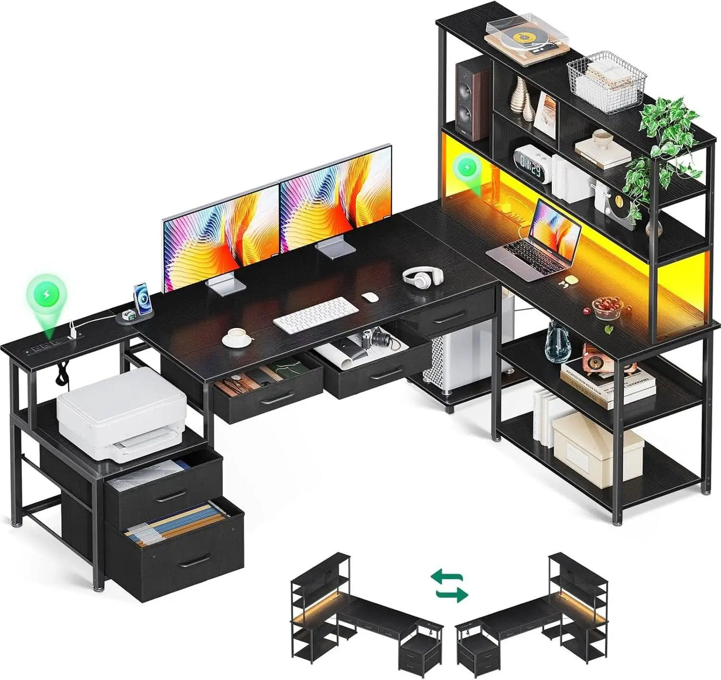 79 Inch L Shaped Desk With File Drawers Reversible Black from PriceLows™