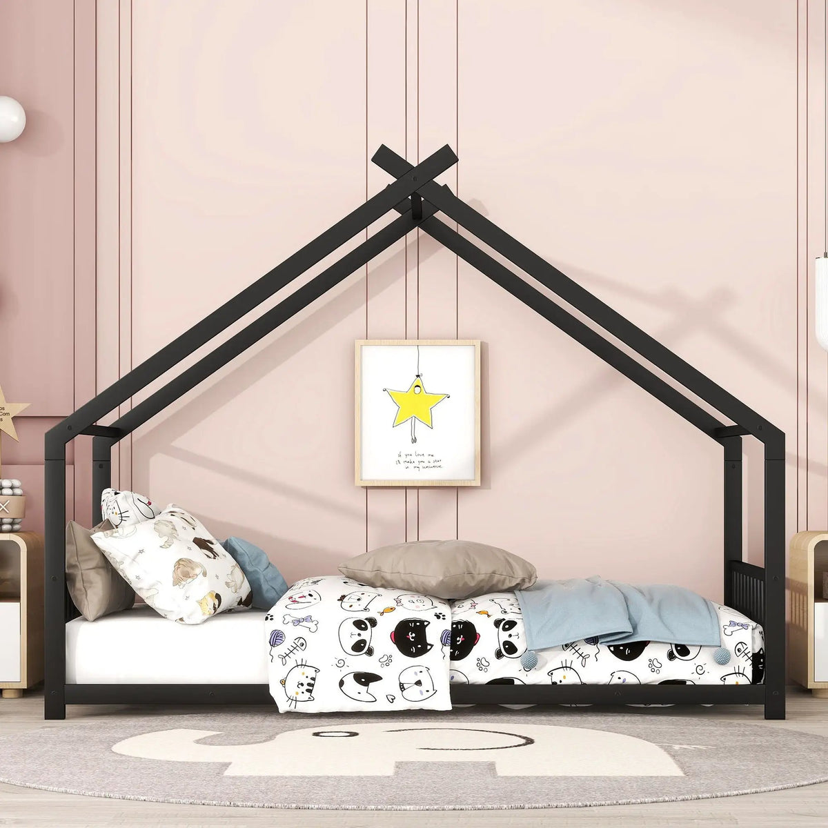 Metal House Bed | Roof Design | Semi-Enclosed Play Space | Contemporary Neutral Finish