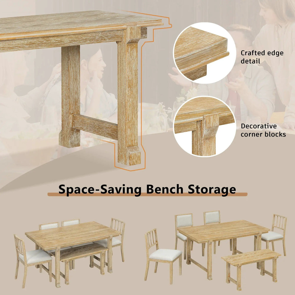 6 Piece Dining Set | Solid Rubber Wood | 4 Slat 2 Upholstered