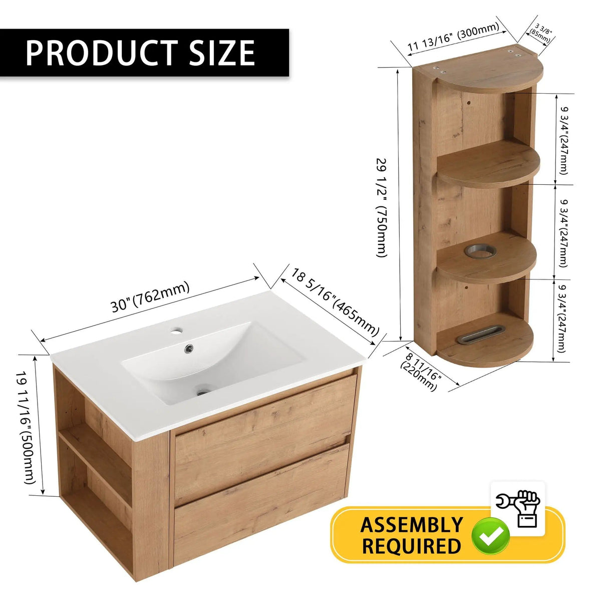 Modern Wall Mounted Bathroom Vanity With Ceramic Sink And Storage Rack, 2 Soft Close | 2 Pieces | Ceramic & Plywood | Bathroom