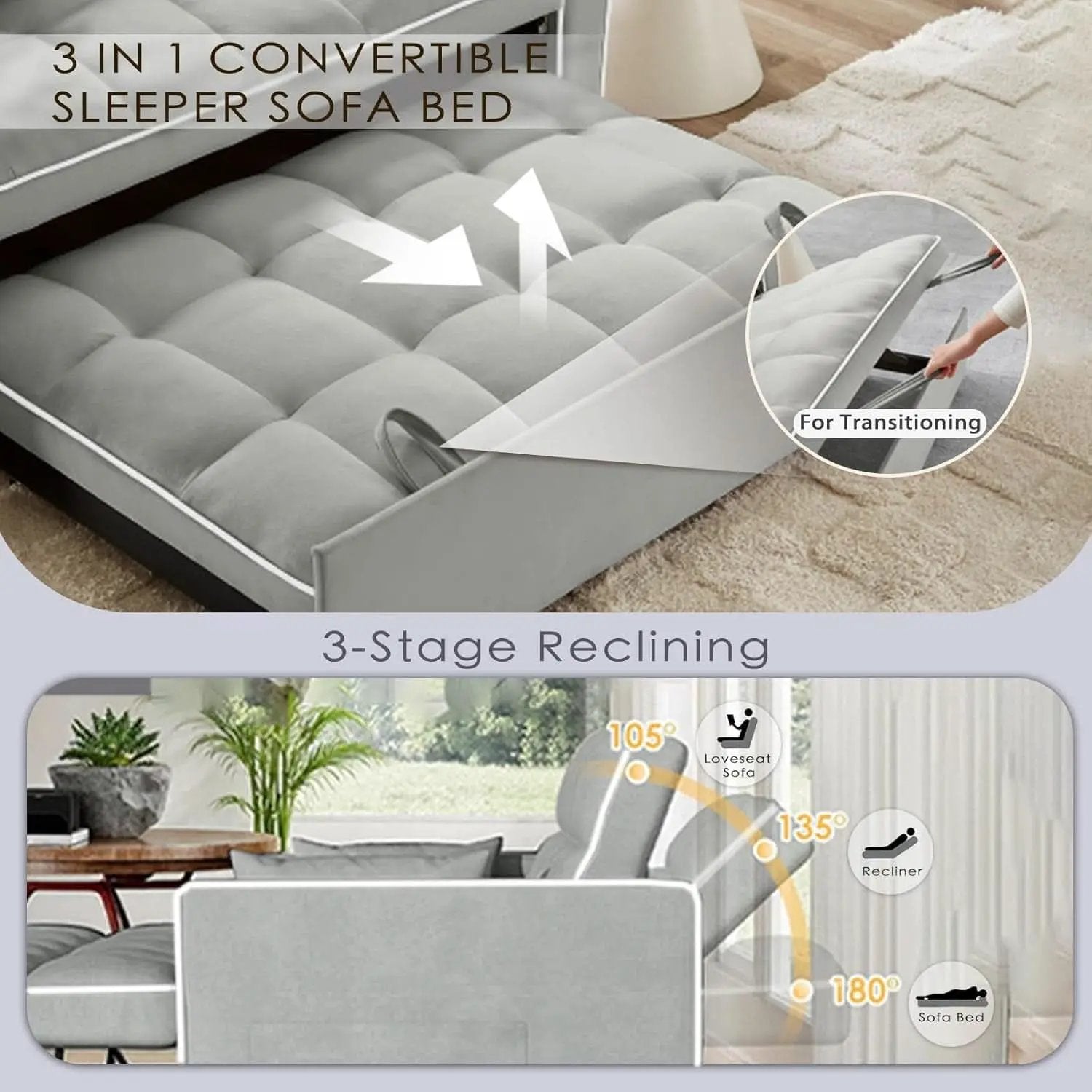 Grey Convertible Sleeper Loveseat Bed With ThreeInOne from PriceLows™