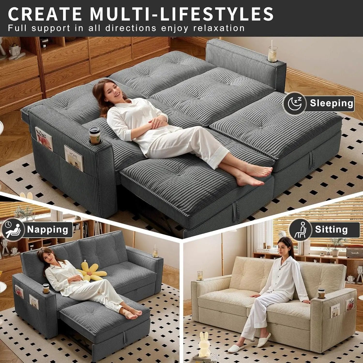 Gray Queen CorduroyTexture Transformable Sofa Bed USB from PriceLows™
