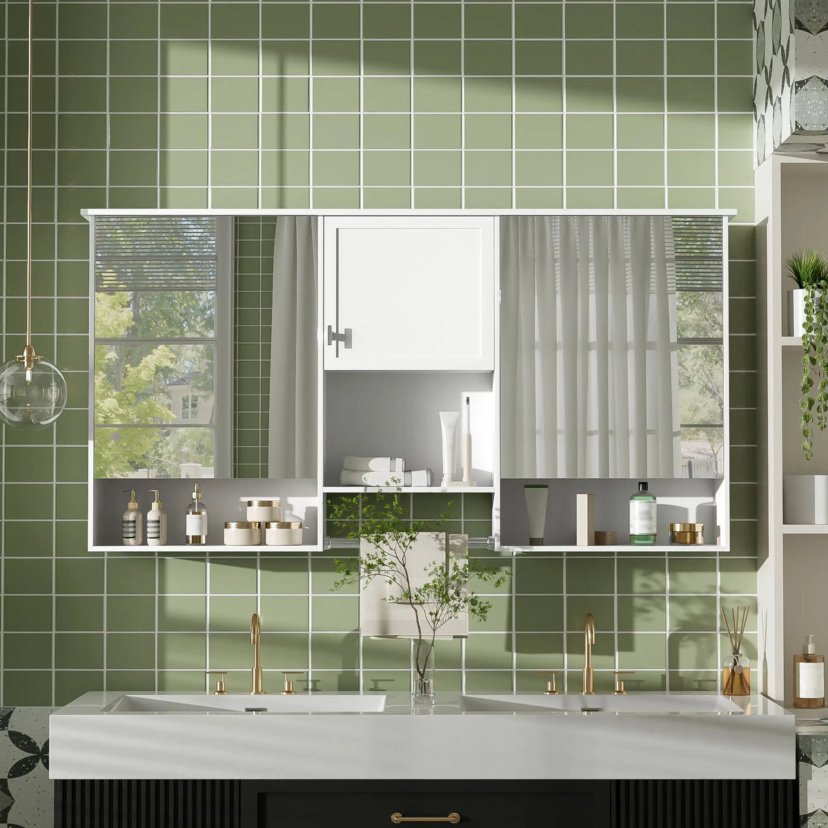 White Wall-Mount Mirror Cabinet | 55 Inch Width | 3-In-1 Design | Soft-Closing Hinges