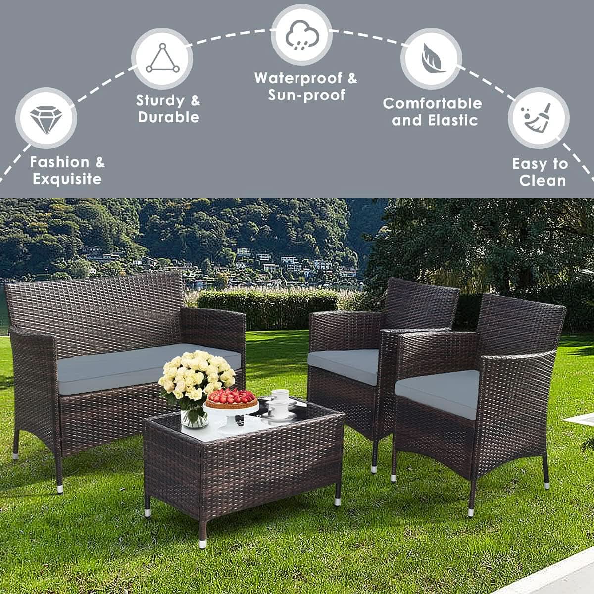 Elegant Four-Piece Rattan Patio Set with Soft Cushions from PriceLows™